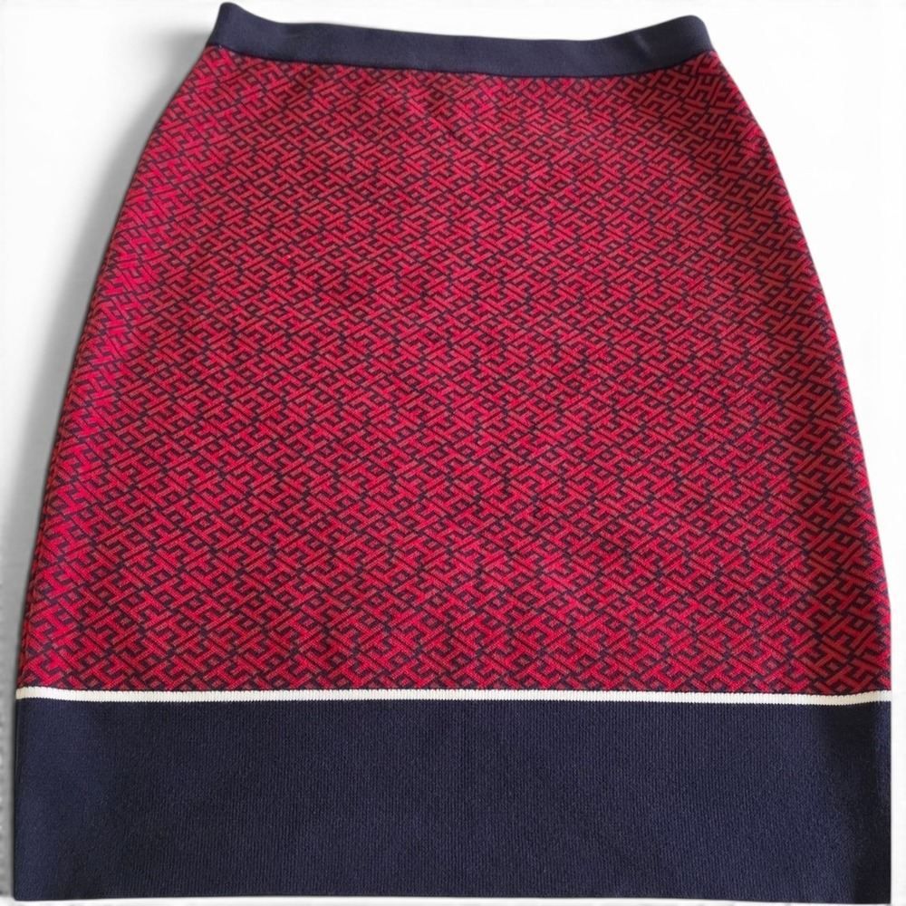 Tommy Hilfiger Geometric Monogram Knit Sweater Skirt Women's LG Red, White, Blue